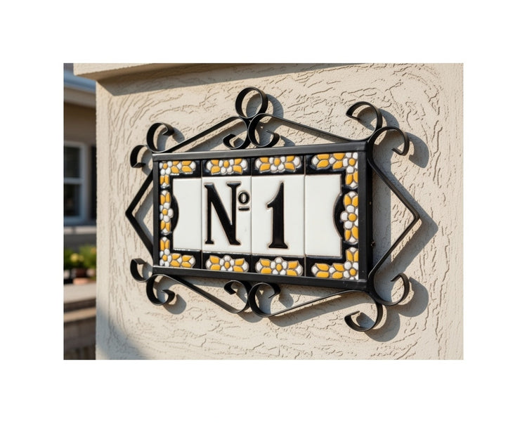 Spanish mini-floral ceramic number tiles 7.5 x 3.5 cm