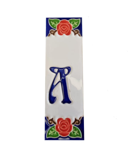Hand-painted Italian Red Rose Ceramic House Numbers Tiles, Letters 15 x 4.8cm & Frames