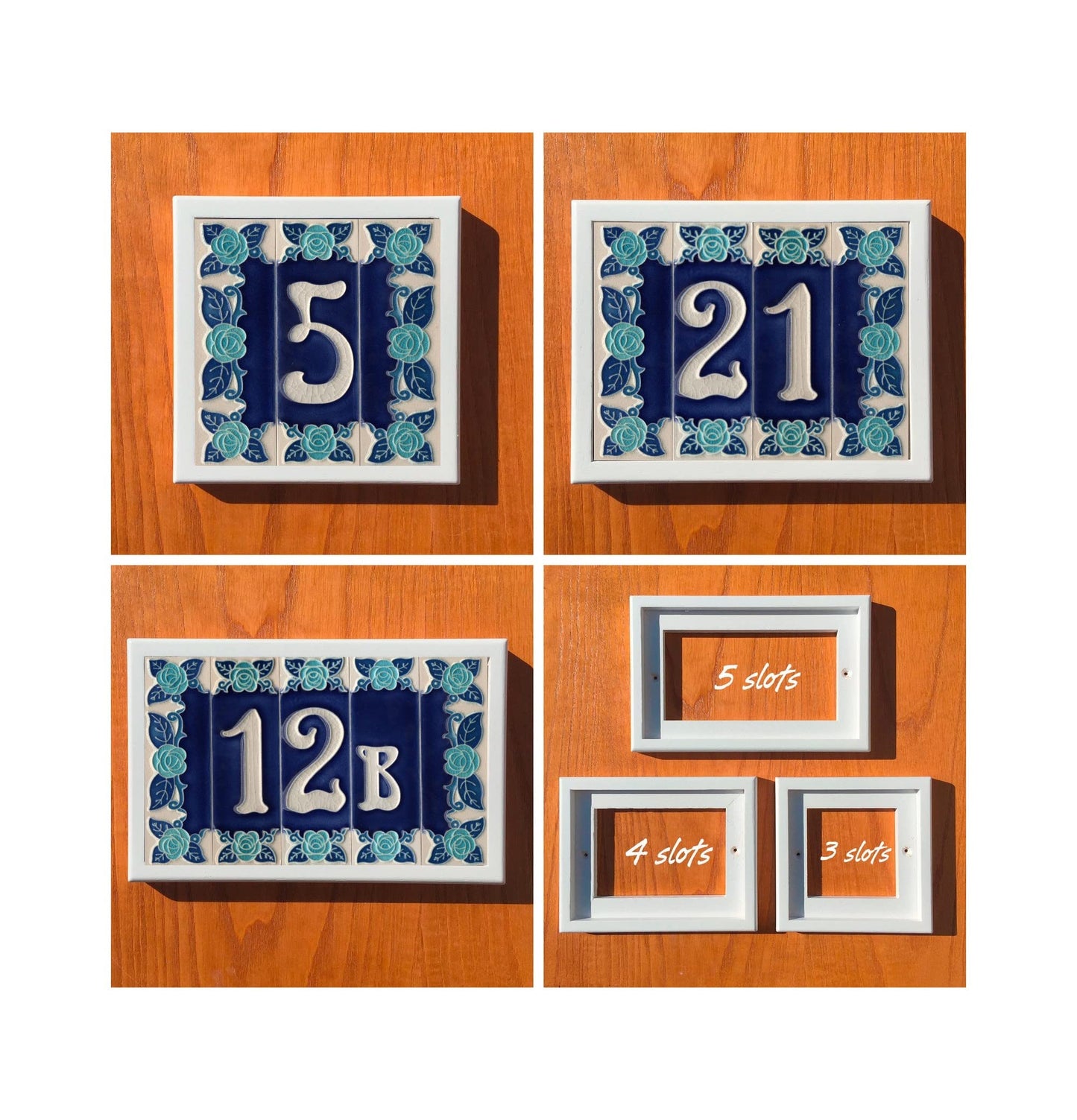 Italian Hand-painted Glow Dark Blue Rose Ceramic House Number Tiles 15 x 4.8 cm