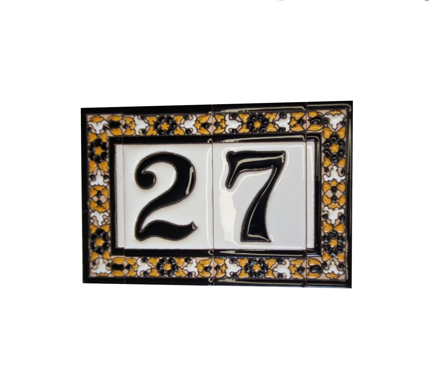 Hand-Painted Black Floral Ceramic Number Tiles 11 x 5.5cm with the option of Metal Filigree Frames