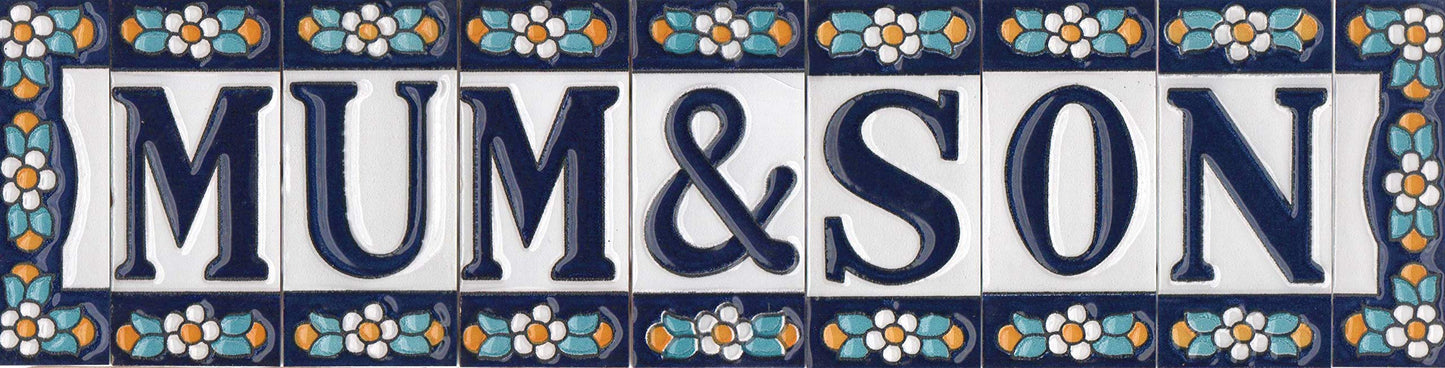 Ceramic House Tile Numbers & Letters, Blue Floral Design, 7.5cm x 3.5cm, 2 to 10 Frames
