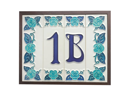 Italian hand-painted blue rose ceramic house number tiles 15 x 4.8cm