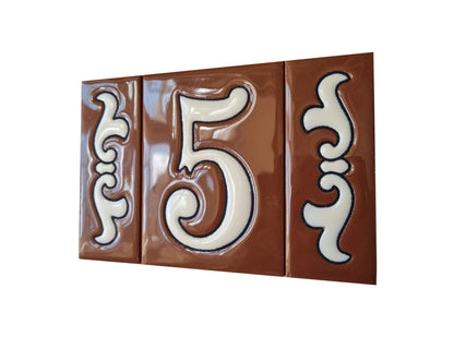 Hand-Painted Cerami House Number Tiles 10 x 7.5cm Costa Brown & White Design