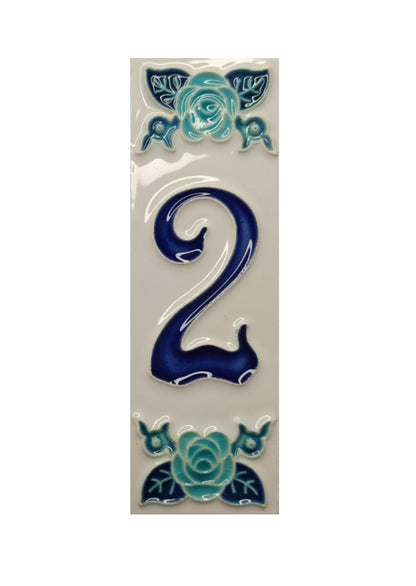 Italian hand-painted blue rose ceramic house number tiles 15 x 4.8cm