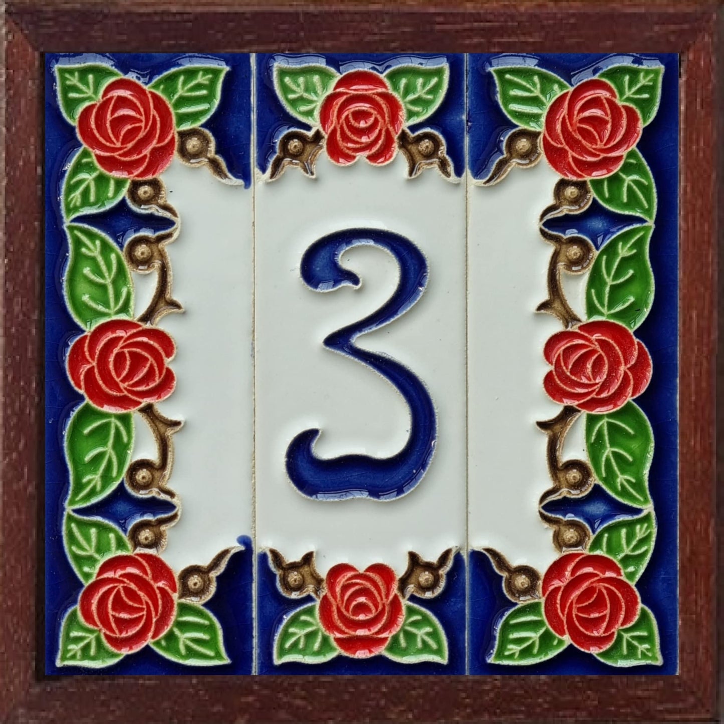 Hand-painted Italian Red Rose Ceramic House Numbers Tiles, Letters 15 x 4.8cm & Frames