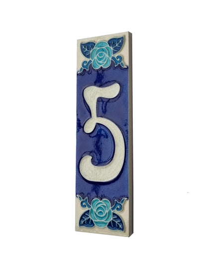 Italian Hand-painted Glow Dark Blue Rose Ceramic House Number Tiles 15 x 4.8 cm