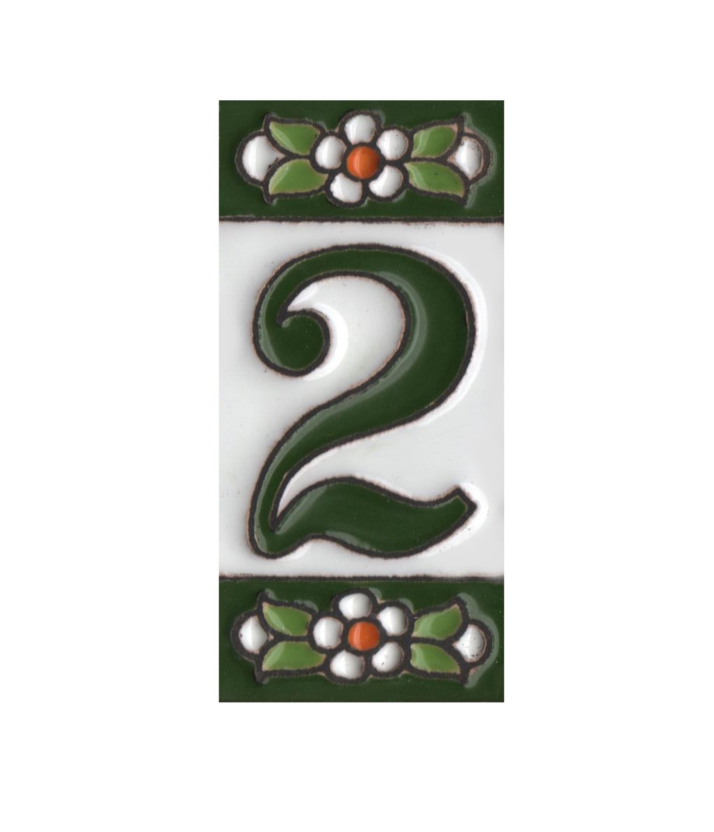 Spanish Ceramic Floral Green Mini House Number Tiles 7.5 x 3.5cm & Metal Filigree Frames