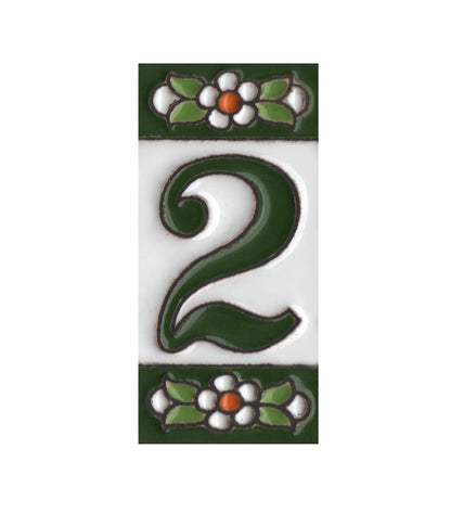 Spanish Ceramic Floral Green Mini House Number Tiles 7.5 x 3.5cm & Metal Filigree Frames