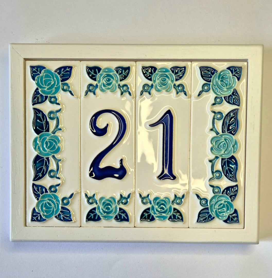 Italian hand-painted blue rose ceramic house number tiles 15 x 4.8cm