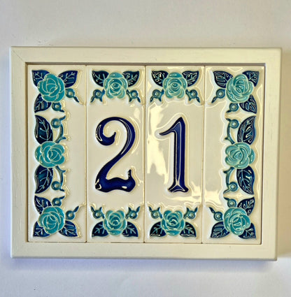 Italian hand-painted blue rose ceramic house number tiles 15 x 4.8cm