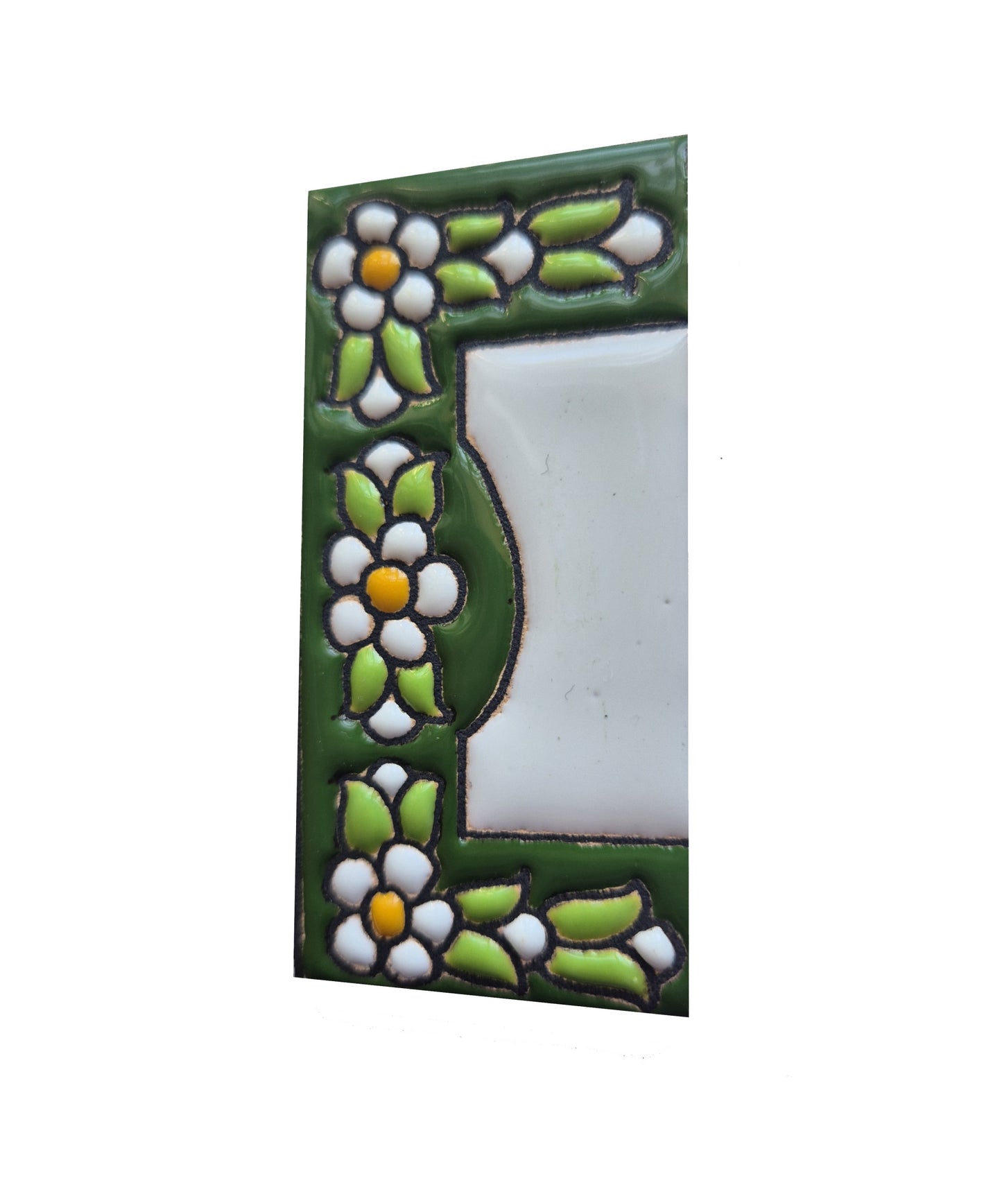 Spanish Ceramic Floral Green Mini House Number Tiles 7.5 x 3.5cm & Metal Filigree Frames