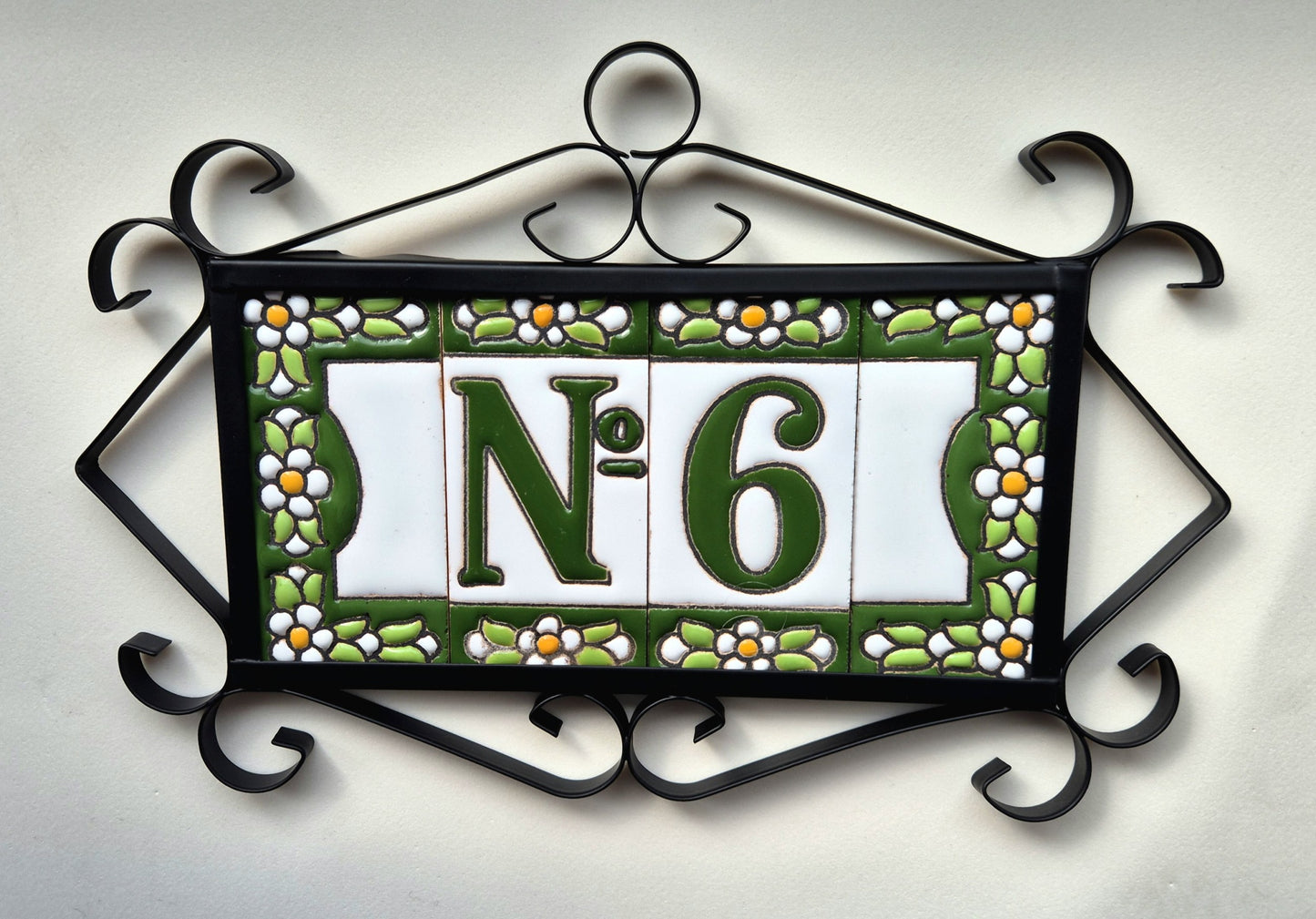 Spanish Ceramic Floral Green Mini House Number Tiles 7.5 x 3.5cm & Metal Filigree Frames