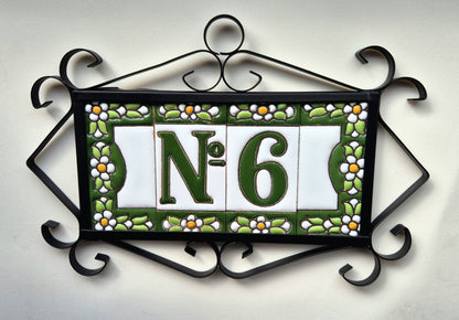Spanish Ceramic Floral Green Mini House Number Tiles 7.5 x 3.5cm & Metal Filigree Frames