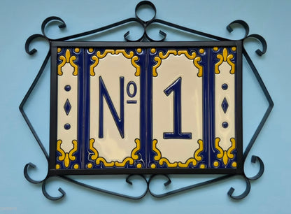 Hand-painted Jacho Midnight Blue Ceramic Number Tiles 11 x 5.5cm & Metal Frames