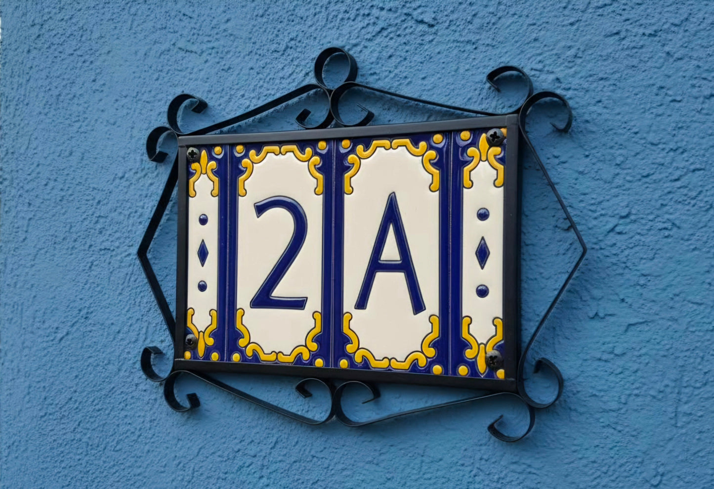 Hand-painted Jacho Midnight Blue Ceramic Number Tiles 11 x 5.5cm & Metal Frames
