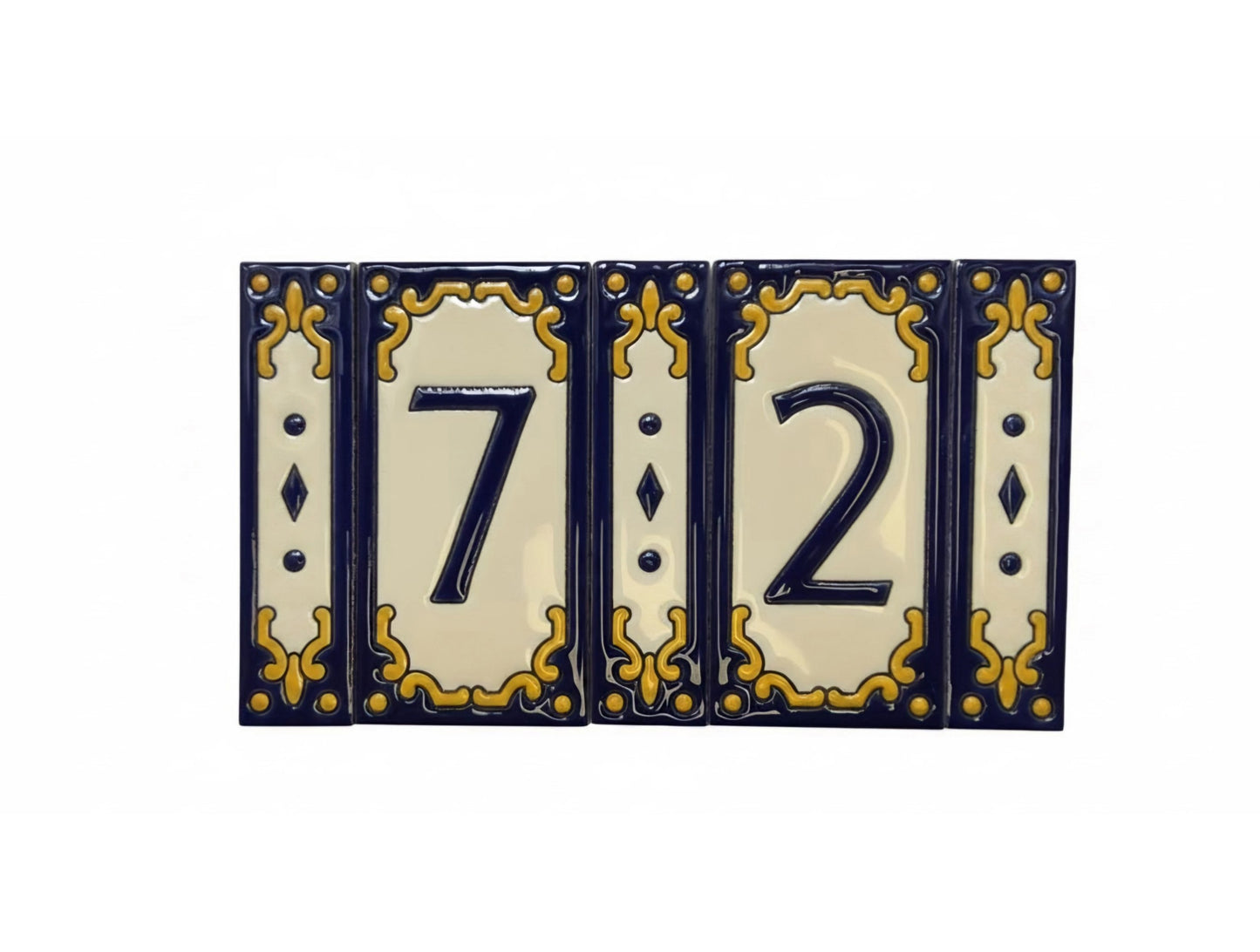 Hand-painted Jacho Midnight Blue Ceramic Number Tiles 11 x 5.5cm & Metal Frames