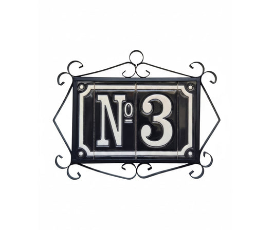 A decorative black metal house number sign featuring the Roman numeral 'No 3' in white on a black rectangular panel, set against a plain white background.