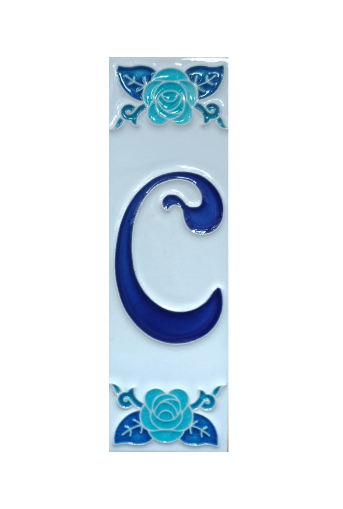 Italian hand-painted blue rose ceramic house number tiles 15 x 4.8cm
