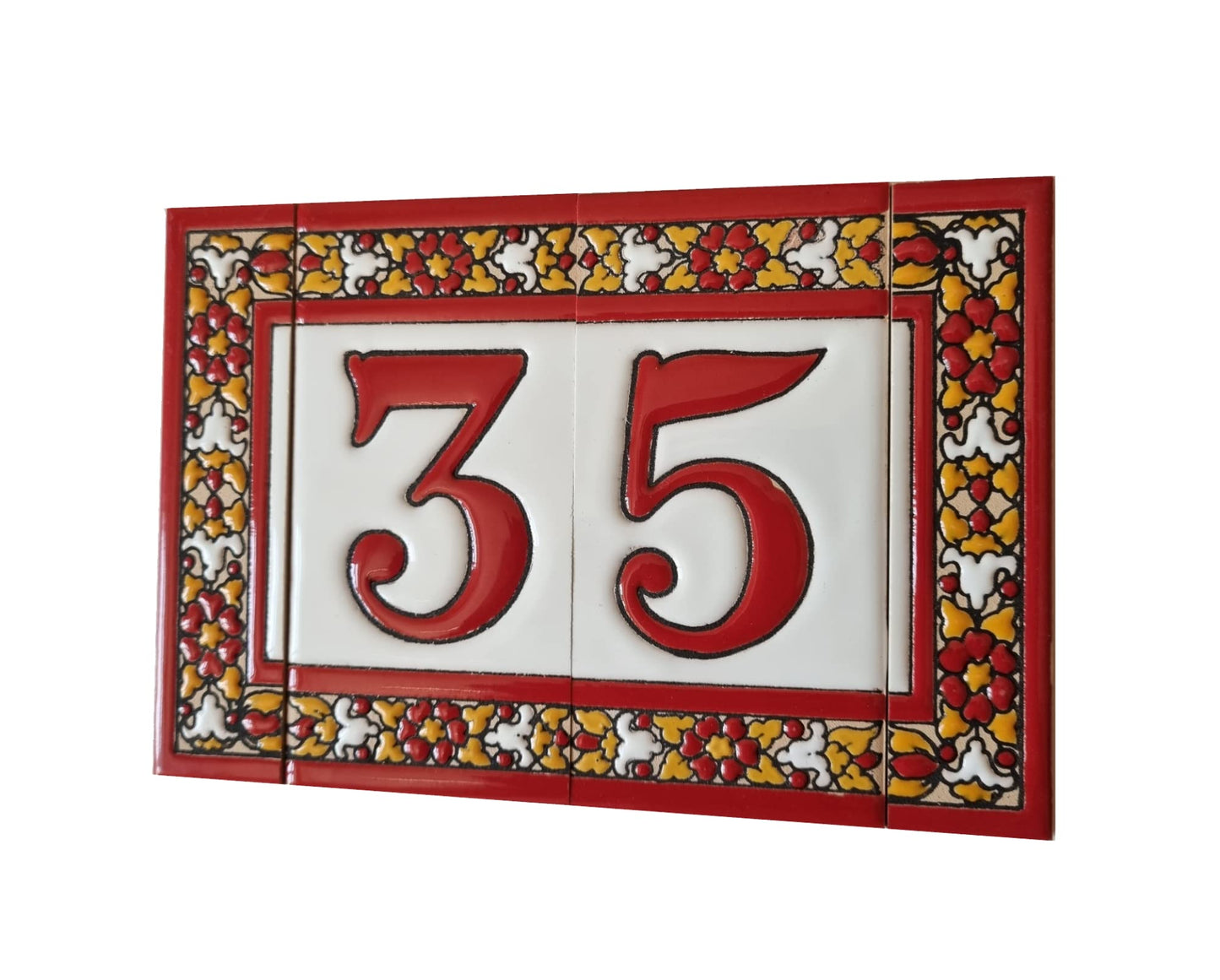 Spanish Floral Roja Ceramic House Number Tiles 11 x 5.5 cm