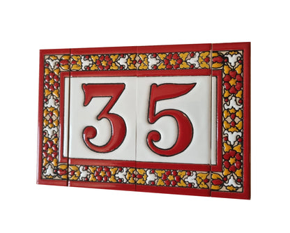 Spanish Floral Roja Ceramic House Number Tiles 11 x 5.5 cm
