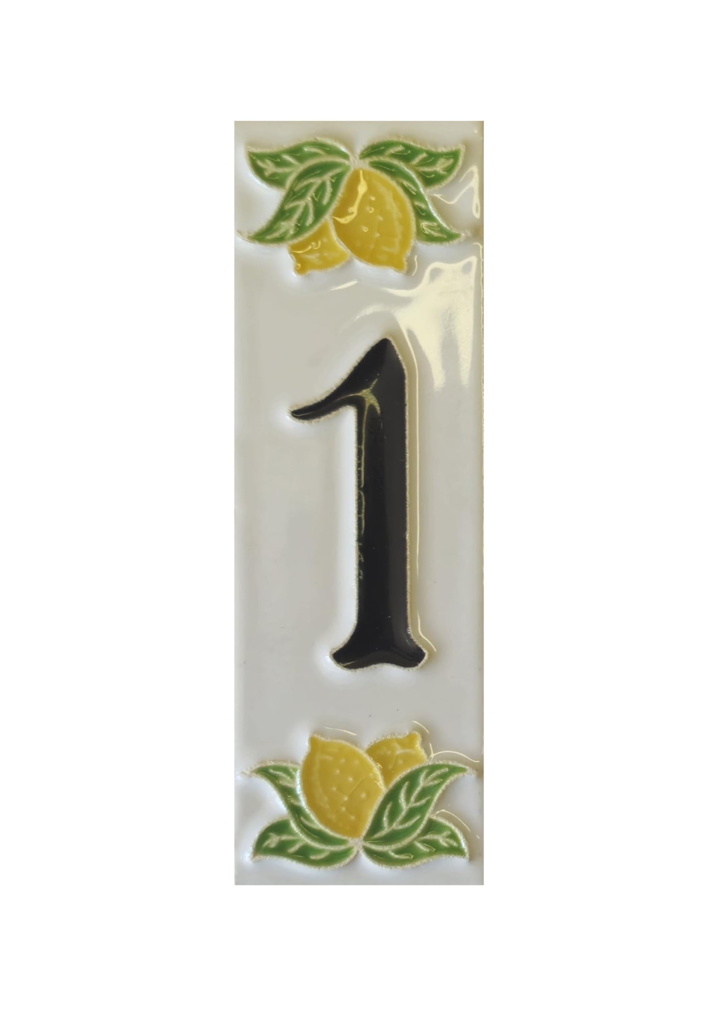Italian hand-painted lemon ceramic house number tiles with black fonts 10 x 3.3 cm