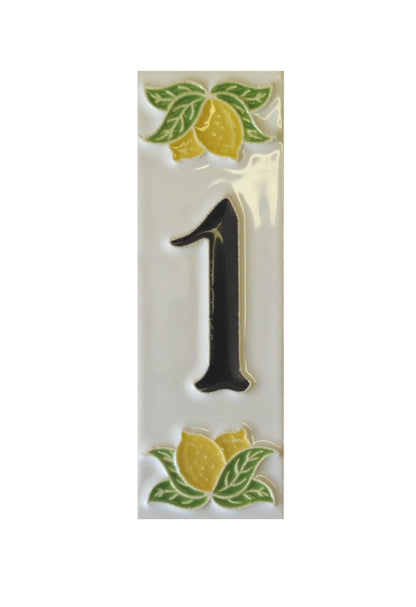 Italian hand-painted lemon ceramic house number tiles with black fonts 10 x 3.3 cm