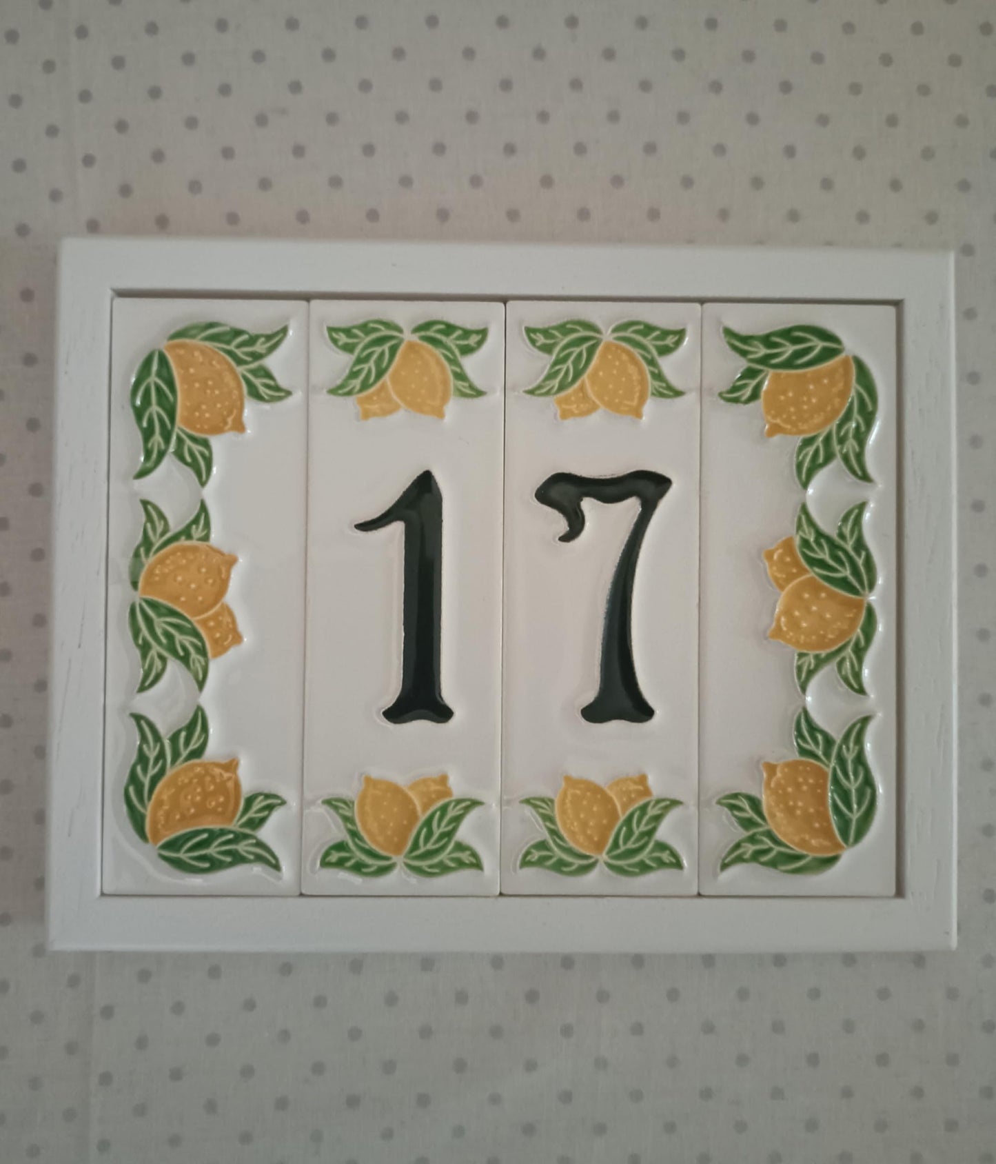 Italian hand-painted lemon ceramic house number tiles with black font 15 x 4.8 cm