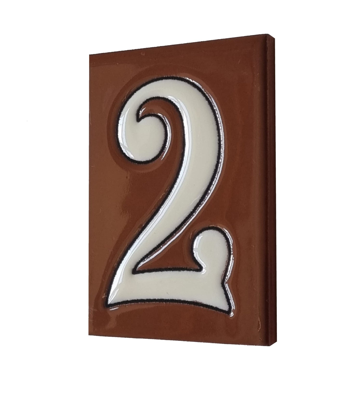 Hand-Painted Cerami House Number Tiles 10 x 7.5cm Costa Brown & White Design