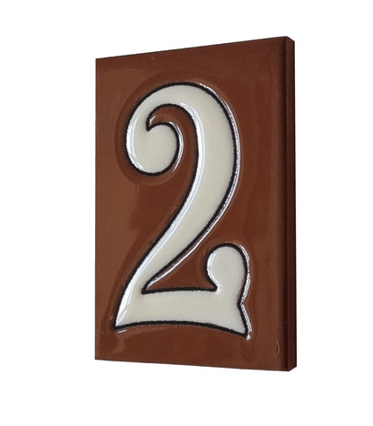Hand-Painted Cerami House Number Tiles 10 x 7.5cm Costa Brown & White Design