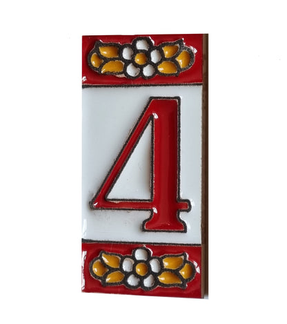 Ceramic House Tile Numbers & Letters, Red Floral Design, Tile Size: 7.5cm x 3.5cm, 2 to 10 Tile Frames