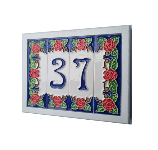 Hand-painted Italian Red Rose Ceramic House Numbers Tiles, Letters 15 x 4.8cm & Frames