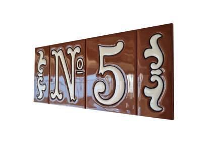 Hand-Painted Cerami House Number Tiles 10 x 7.5cm Costa Brown & White Design