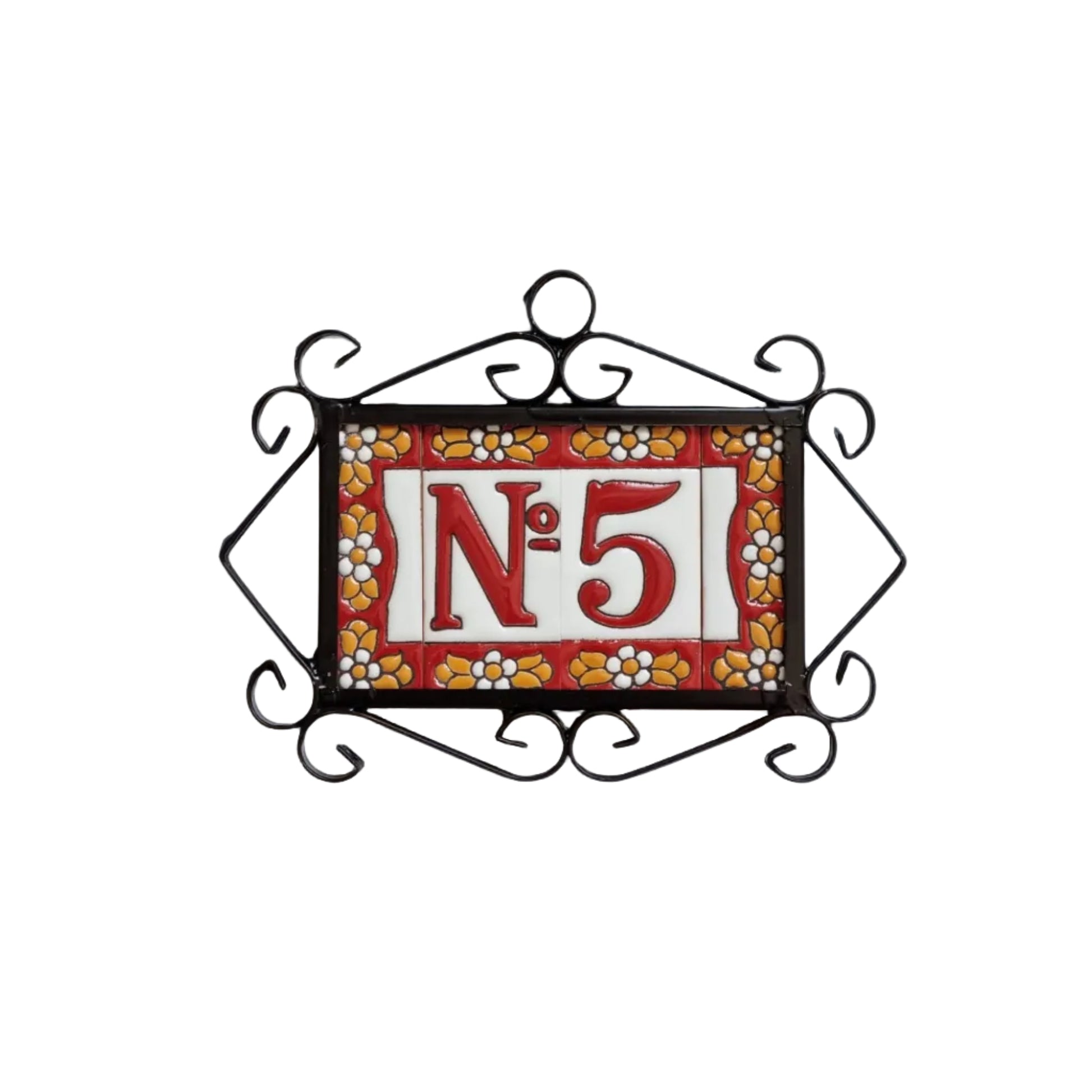 Decorative house number sign with 'No. 5' on a red background, framed by black metalwork.