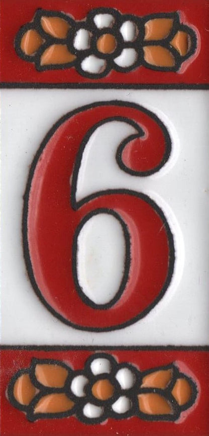 Ceramic House Tile Numbers & Letters, Red Floral Design, Tile Size: 7.5cm x 3.5cm, 2 to 10 Tile Frames