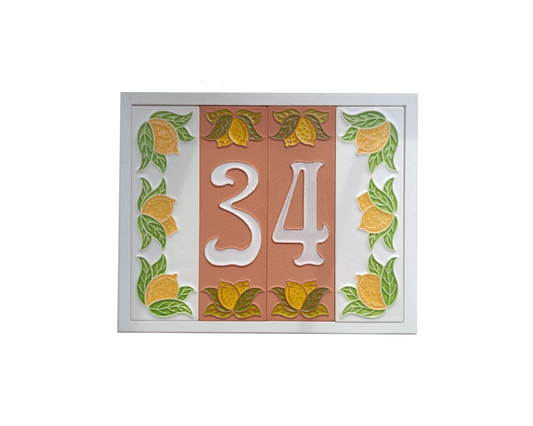 Terracotta Hand-painted Lemon Designed Ceramic House Number Tiles 15 x 4.8 cm