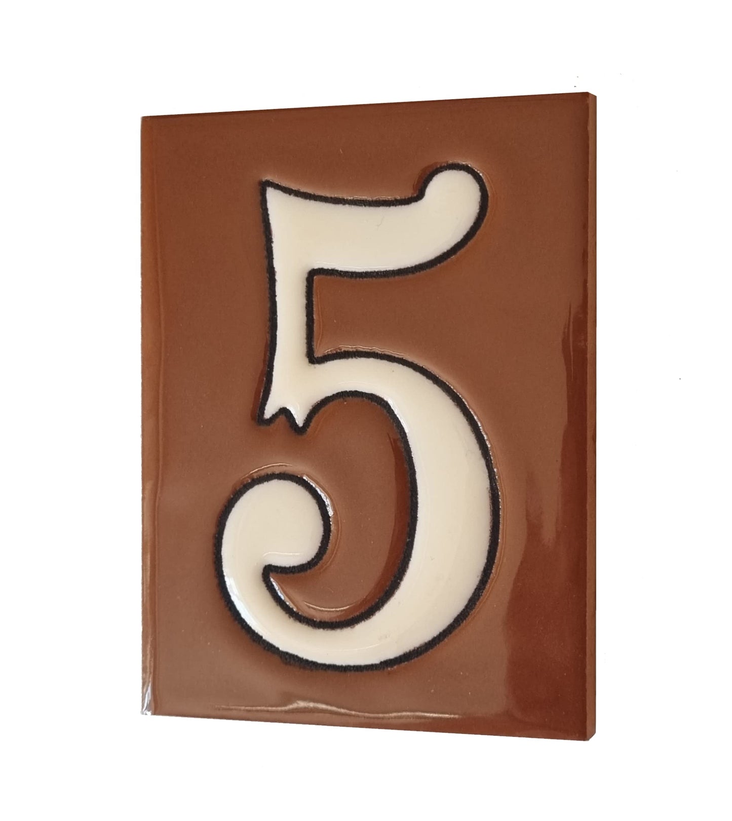 Hand-Painted Cerami House Number Tiles 10 x 7.5cm Costa Brown & White Design