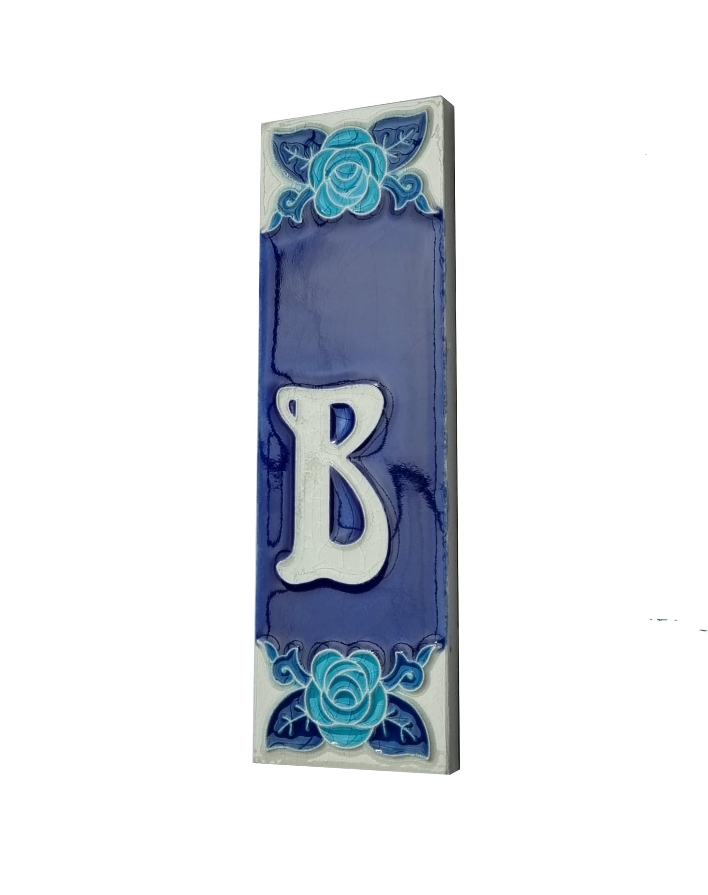 Italian Hand-painted Glow Dark Blue Rose Ceramic House Number Tiles 15 x 4.8 cm