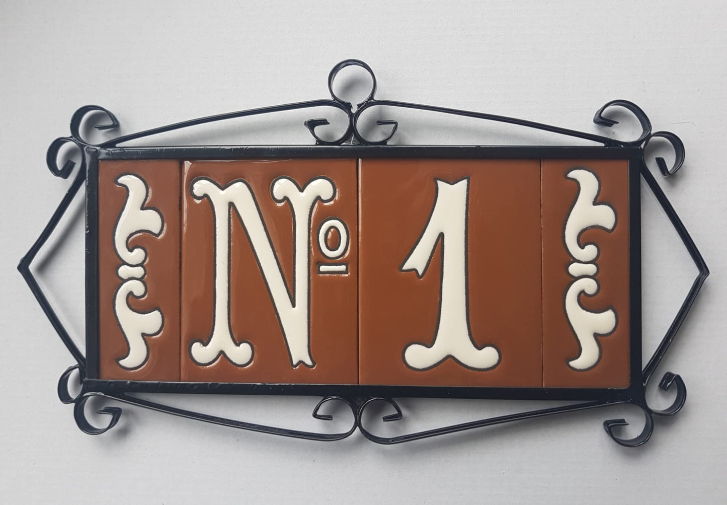 Hand-Painted Cerami House Number Tiles 10 x 7.5cm Costa Brown & White Design