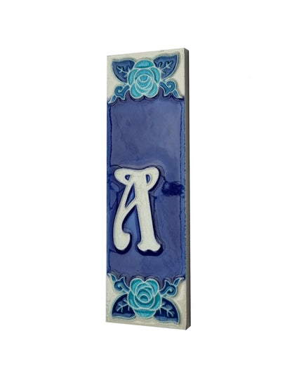 Italian Hand-painted Glow Dark Blue Rose Ceramic House Number Tiles 15 x 4.8 cm