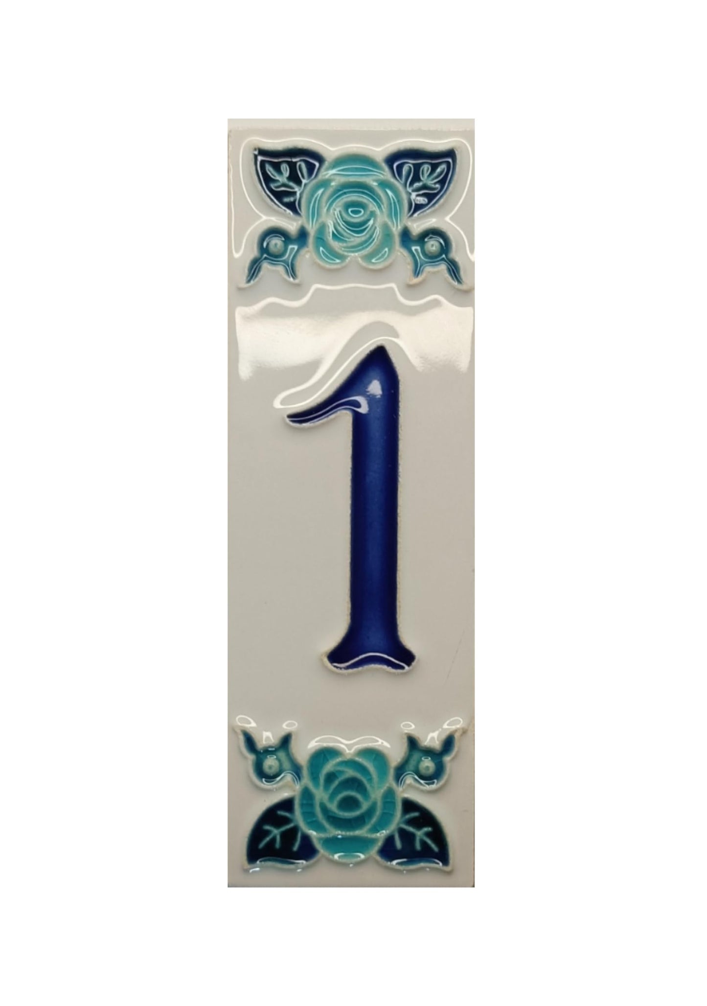 Italian hand-painted blue rose ceramic house number tiles 15 x 4.8cm