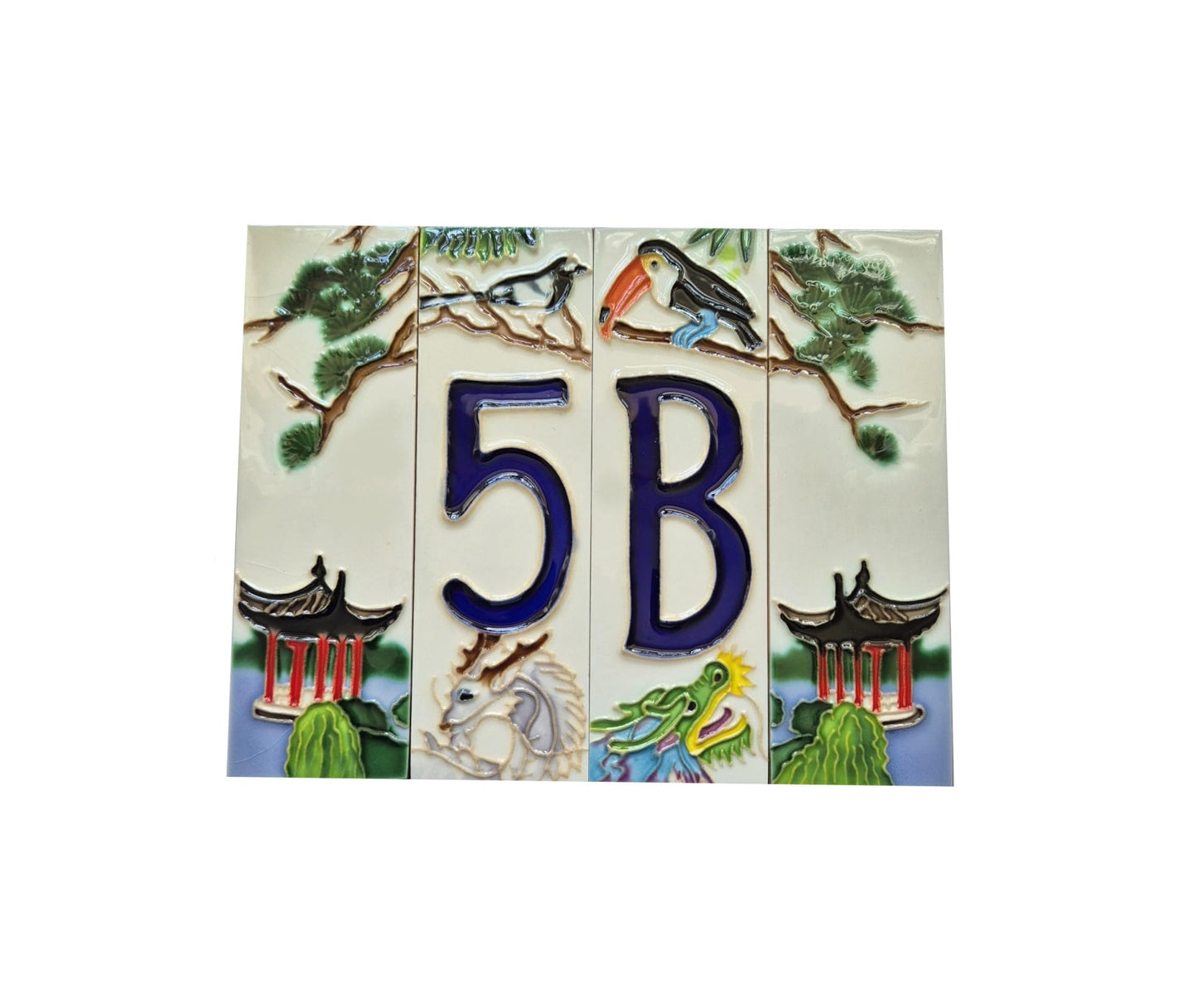 Hand-painted Oriental-themed ceramic house numbers tiles 15 x 4.8 cm