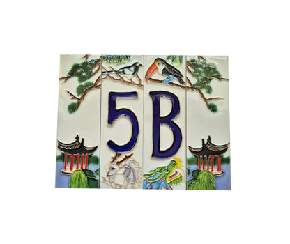 Hand-painted Oriental-themed ceramic house numbers tiles 15 x 4.8 cm