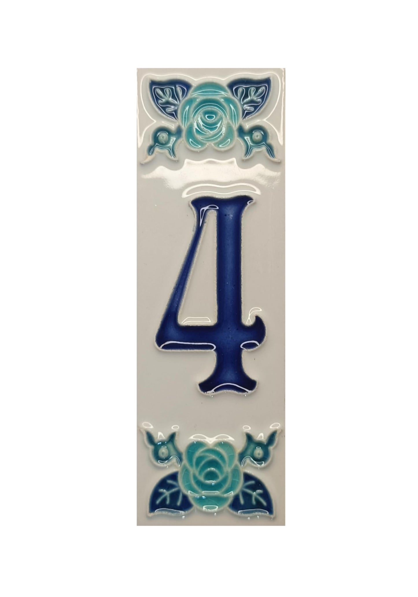 Italian hand-painted blue rose ceramic house number tiles 15 x 4.8cm