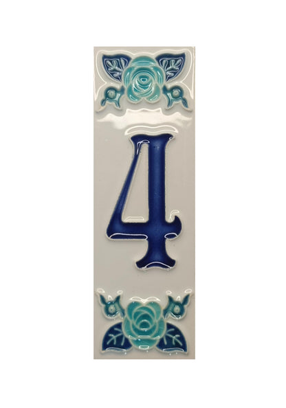 Italian hand-painted blue rose ceramic house number tiles 15 x 4.8cm