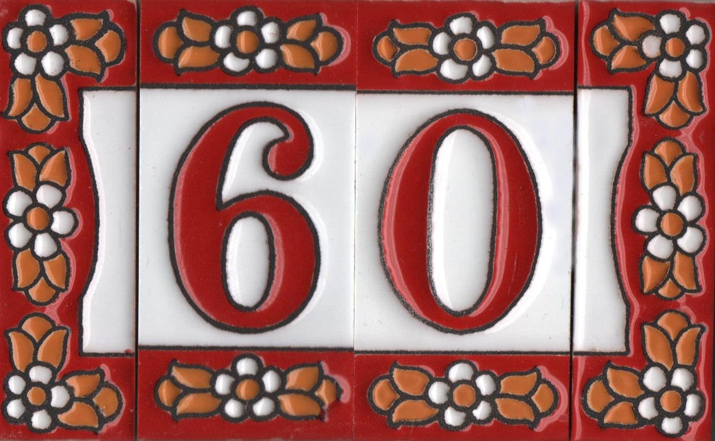 Ceramic House Tile Numbers & Letters, Red Floral Design, Tile Size: 7.5cm x 3.5cm, 2 to 10 Tile Frames