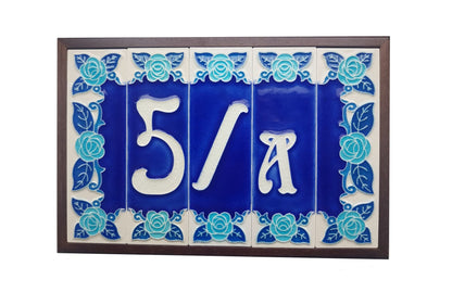Italian Hand-painted Glow Dark Blue Rose Ceramic House Number Tiles 15 x 4.8 cm