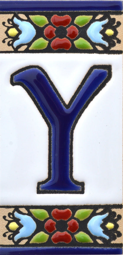 Hand-painted floral house number & letter tiles 2,87" x 1,38" 7.5 x 3.5 cm