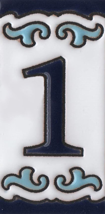Blue & White Mini-house Ceramic Number Tiles 7.5 x 3.7cm | Optional frames | MD-04