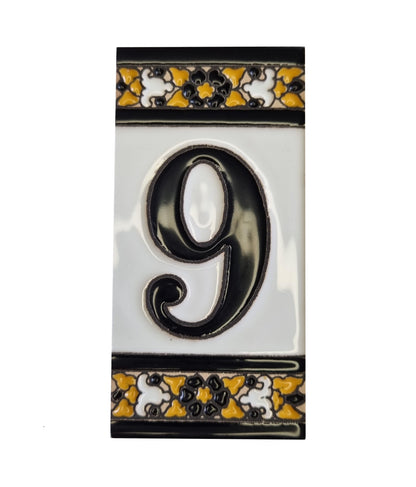Hand-Painted Black Floral Ceramic Number Tiles 11 x 5.5cm with the option of Metal Filigree Frames