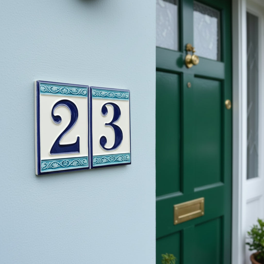 Hand-painted Italian Greek-styled house number tiles 11 x 7cm